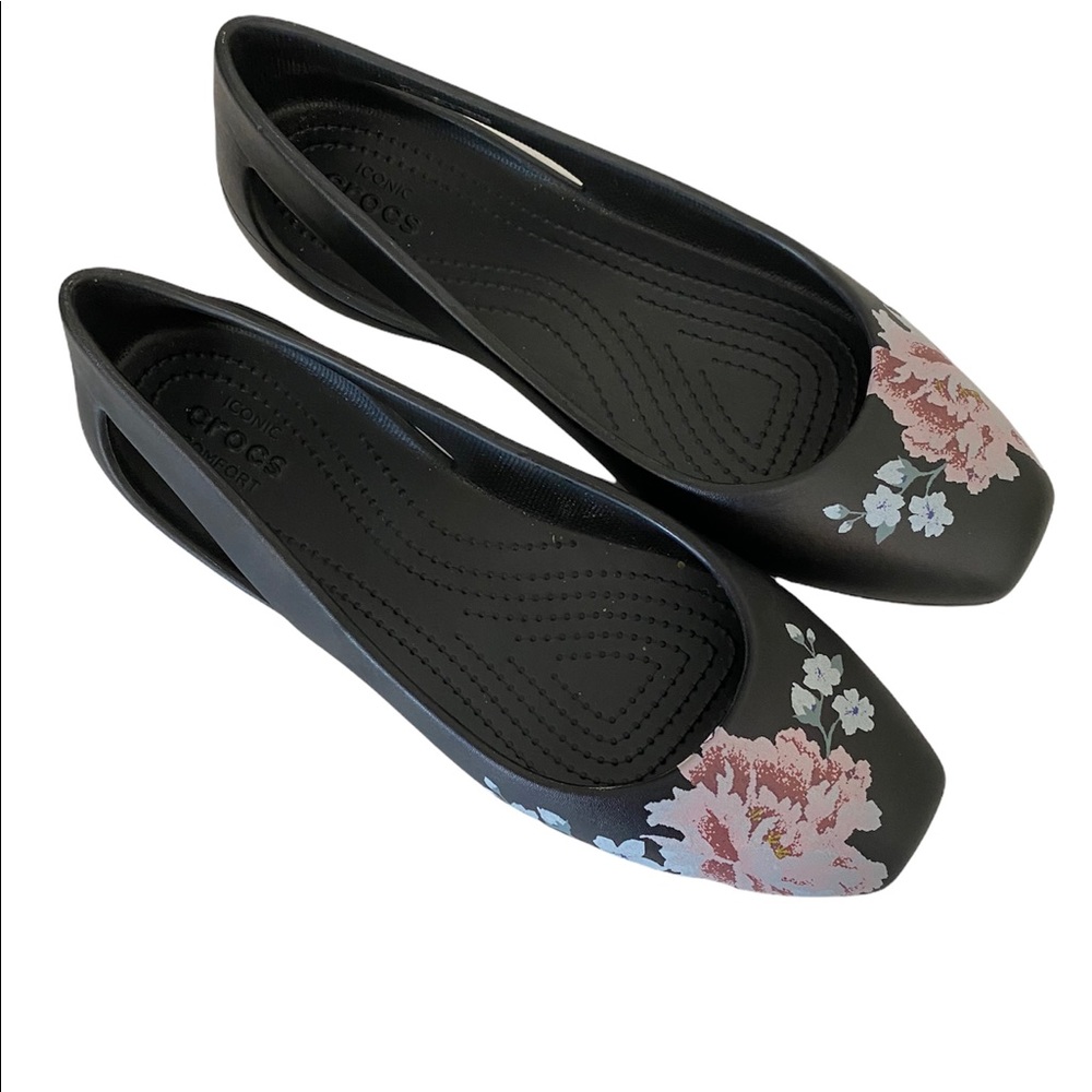 CROCS Black Floral Flats.